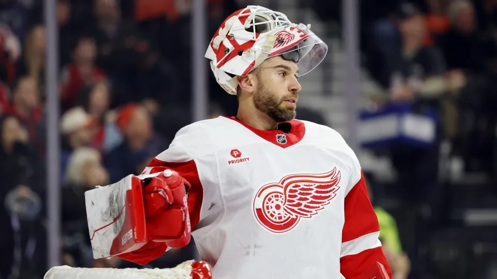 Cam Talbot #39 of the Detroit Red Wings looks on during a game against the Philadelphia Flyers at the Wells Fargo Center on December 12, 2024 in Philadelphia, Pennsylvania. (Photo by Cam Talbot #39 of the Detroit Red Wings looks on during a game against the Philadelphia Flyers at the Wells Fargo Center on December 12, 2024 in Philadelphia, Pennsylvania.