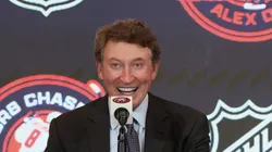 Wayne Gretzky speaks with the media following the Washington Capitals game against the Chicago Blackhawks at Capital One Arena on April 04, 2025 in Washington, DC.