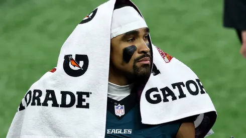 Jalen Hurts #1 of the Philadelphia Eagles looks on in the fourth quarter against the Kansas City Chiefs during Super Bowl LIX at Caesars Superdome on February 09, 2025 in New Orleans, Louisiana.