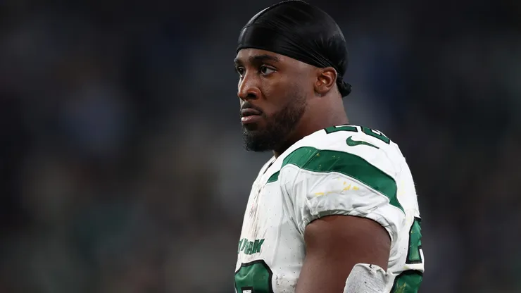 Breece Hall #20 of the New York Jets looks on during the second half against the Los Angeles Chargers at MetLife Stadium on November 06, 2023 in East Rutherford, New Jersey.