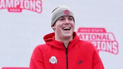 Quarterback Will Howard #18 of the Ohio State Buckeyes delivers remarks during the NCAA Football Championship celebration at Ohio Stadium on January 26, 2025 in Columbus, Ohio.