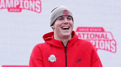Quarterback Will Howard #18 of the Ohio State Buckeyes delivers remarks during the NCAA Football Championship celebration at Ohio Stadium on January 26, 2025 in Columbus, Ohio.