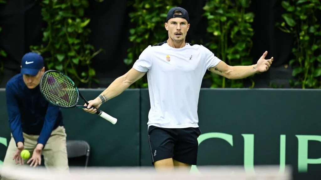 Marton Fucsovics of Hungary celebrates after winning a point in the first set of a tie-break against Alexis Galarneau of Canada during day 2 of the Davis Cup Qualifier first round in 2025. (Source: Minas Panagiotakis/Getty Images for ITF)