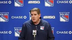 Head coach Peter Laviolette of the New York Rangers speaks with the media prior to the game against the New York Islanders at Madison Square Garden on March 17, 2024 in New York City.