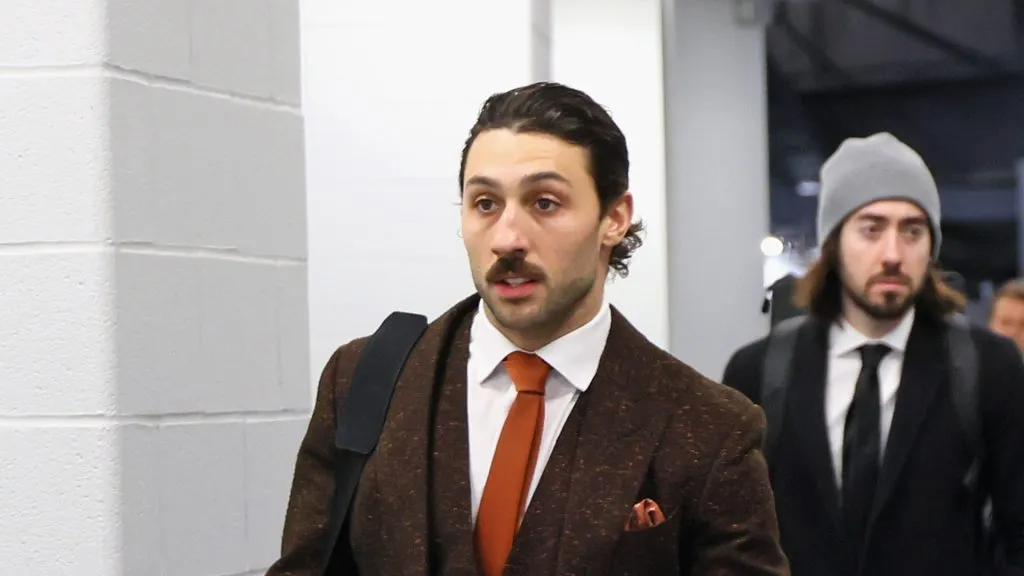 Vincent Trocheck #16 of the New York Rangers arrives for the game against the New York Islanders at UBS Arena on February 25, 2025 in Elmont, New York.