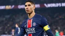 Achraf Hakimi #2 of Paris Saint-Germain reacts to a play during the Ligue 1 match between Paris Saint-Germain and AS Saint-Etienne at Parc des Princes on January 12, 2025 in Paris, France.