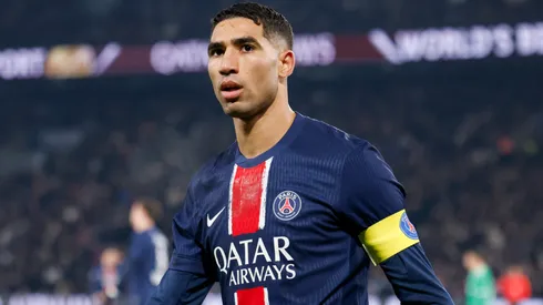 Achraf Hakimi #2 of Paris Saint-Germain reacts to a play during the Ligue 1 match between Paris Saint-Germain and AS Saint-Etienne at Parc des Princes on January 12, 2025 in Paris, France.