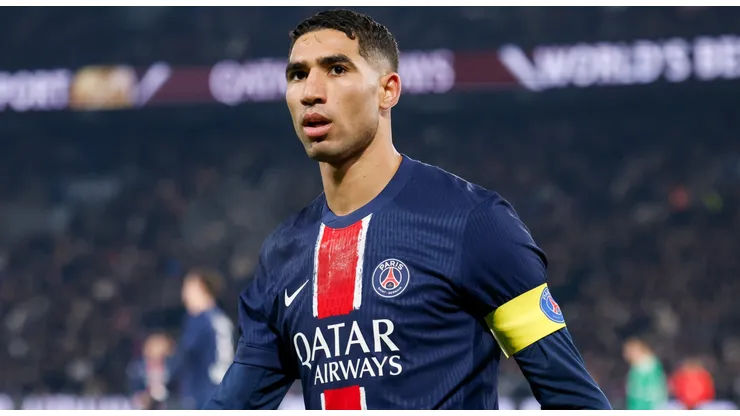 Achraf Hakimi #2 of Paris Saint-Germain reacts to a play during the Ligue 1 match between Paris Saint-Germain and AS Saint-Etienne at Parc des Princes on January 12, 2025 in Paris, France.