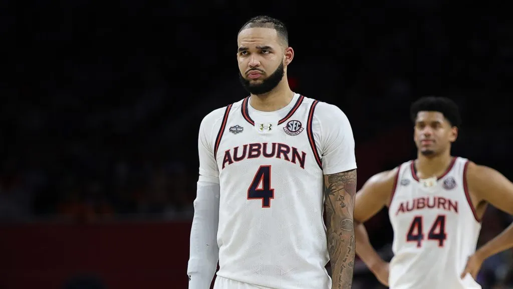 Johni Broome #4 of the Auburn Tigers reacts during the first half in the Final Four game of the NCAA Men's Basketball Tournament Florida Gators at the Alamodome on April 05, 2025 in San Antonio, Texas.