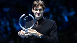 Roger Federer of Switzerland poses with the ATP World Tour Champion Trophy during the Barclays ATP World Tour Finals at the O2 Arena on November 25, 2009.
