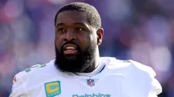 Terron Armstead #72 of the Miami Dolphins looks on prior to a game against the Buffalo Bills in the AFC Wild Card playoff game at Highmark Stadium on January 15, 2023 in Orchard Park, New York.