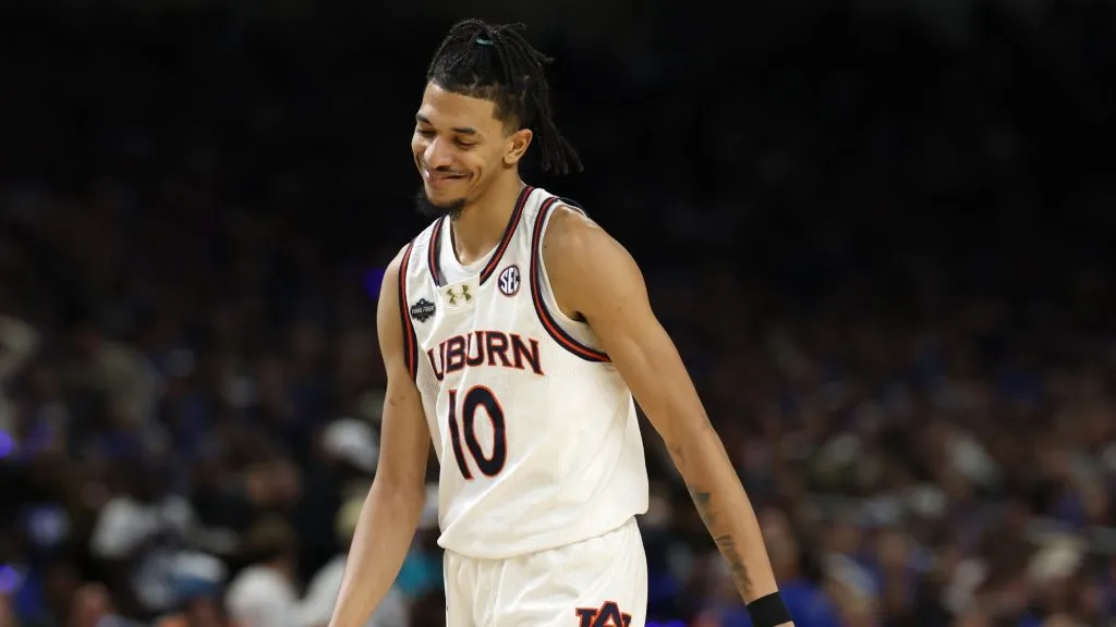 Chad Baker-Mazara #10 of the Auburn Tigers reacts during the second half in the Final Four game of the NCAA Men's Basketball Tournament against the Florida Gators at the Alamodome on April 05, 2025 in San Antonio, Texas.