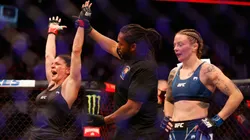Lauren Murphy celebrates her victory by split-decision over Joanne Calderwood of Scotland during their UFC 263 women’s flyweight match at Gila River Arena on June 12, 2021.