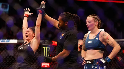Lauren Murphy celebrates her victory by split-decision over Joanne Calderwood of Scotland during their UFC 263 women’s flyweight match at Gila River Arena on June 12, 2021.