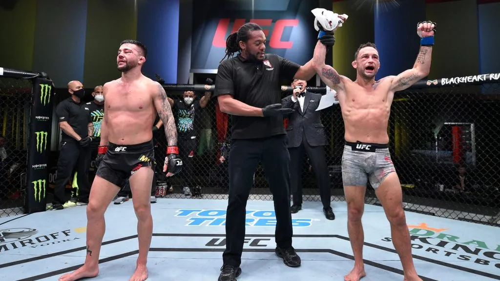 Frankie Edgar reacts after his split-decision victory over Pedro Munhoz of Brazil in their bantamweight fight during the UFC Fight Night event at UFC APEX on August 22, 2020. (Source: Chris Unger/Zuffa LLC via Getty Images)