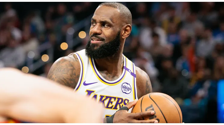 LeBron James #23 of the Los Angeles Lakers rebounds during the first quarter in the game against the Oklahoma City Thunder at Paycom Center on April 6, 2025 in Oklahoma City, Oklahoma.
