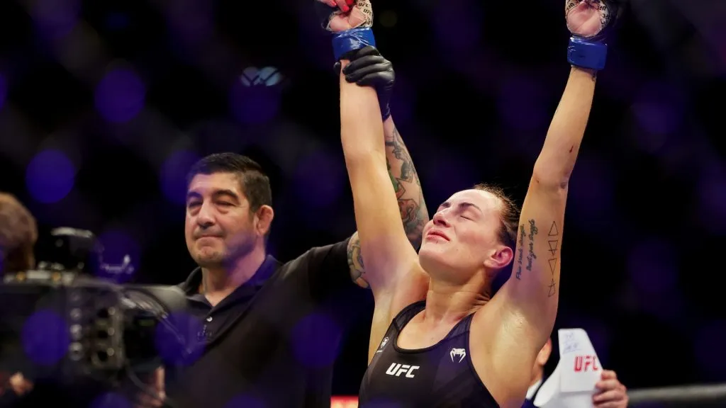 Casey O’Neill of Scotland reacts after winning her women’s flyweight fight against Roxanne Modafferi via split decision during UFC 271 at Toyota Center on February 12, 2022. (Source: Carmen Mandato/Getty Images)