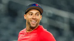 George Springer #4 of the Toronto Blue Jays takes batting practice before playing the Baltimore Orioles at Rogers Centre on March 28, 2025 in Toronto, Canada.