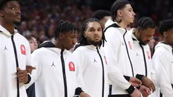 Emanuel Sharp #21 of the Houston Cougars stands for the National Anthem prior to the National Championship of the NCAA Men's Basketball Tournament against the Florida Gators at the Alamodome on April 07, 2025 in San Antonio, Texas.