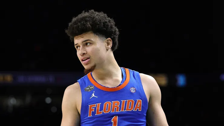 Walter Clayton Jr. #1 of the Florida Gators reacts during the second half in the National Championship of the NCAA Men's Basketball Tournament against the Houston Cougars at the Alamodome on April 07, 2025 in San Antonio, Texas.