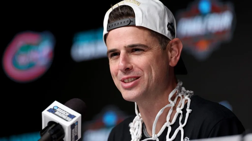 SAN ANTONIO, TEXAS – APRIL 07: Head Coach Todd Golden of the Florida Gators speaks with the media after defeating the Houston Cougars in the National Championship of the NCAA Men’s Basketball Tournament at the Alamodome on April 07, 2025 in San Antonio, Texas. (Photo by Sam Hodde/Getty Images)
