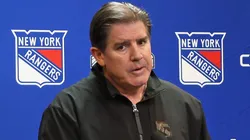 Head coach Peter Laviolette of the New York Rangers speaks with the media prior to the game against the New York Rangers at Madison Square Garden on April 13, 2024 in New York City.