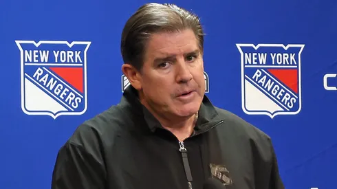 Head coach Peter Laviolette of the New York Rangers speaks with the media prior to the game against the New York Rangers at Madison Square Garden on April 13, 2024 in New York City.