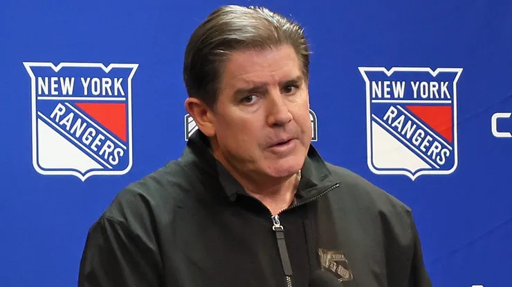 Head coach Peter Laviolette of the New York Rangers speaks with the media prior to the game against the New York Rangers at Madison Square Garden on April 13, 2024 in New York City.