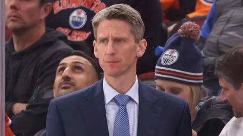Head coach Kris Knoblauch of the Edmonton Oilers looks on against the Chicago Blackhawks during the third period at the United Center on February 05, 2025 in Chicago, Illinois.