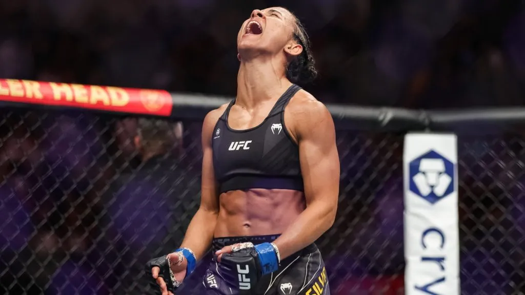 Natalia Silva of Brazil celebrates defeating Jasmine Jasudavicius of Canada in their women’s flyweight fight at the UFC Fight Night event at Moody Center on June 18, 2022. (Source: Carmen Mandato/Getty Images)