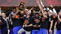 The Florida Gators celebrate after defeating the Houston Cougars in the National Championship of the NCAA Men's Basketball Tournament at the Alamodome on April 07, 2025.