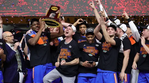 The Florida Gators celebrate after defeating the Houston Cougars in the National Championship of the NCAA Men's Basketball Tournament at the Alamodome on April 07, 2025.