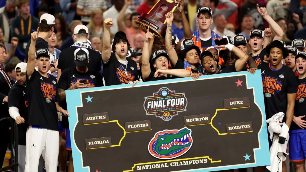 The Florida Gators celebrate after defeating the Houston Cougars in the National Championship of the NCAA Men’s Basketball Tournament at the Alamodome on April 07, 2025. (Source: Sam Hodde/Getty Images)