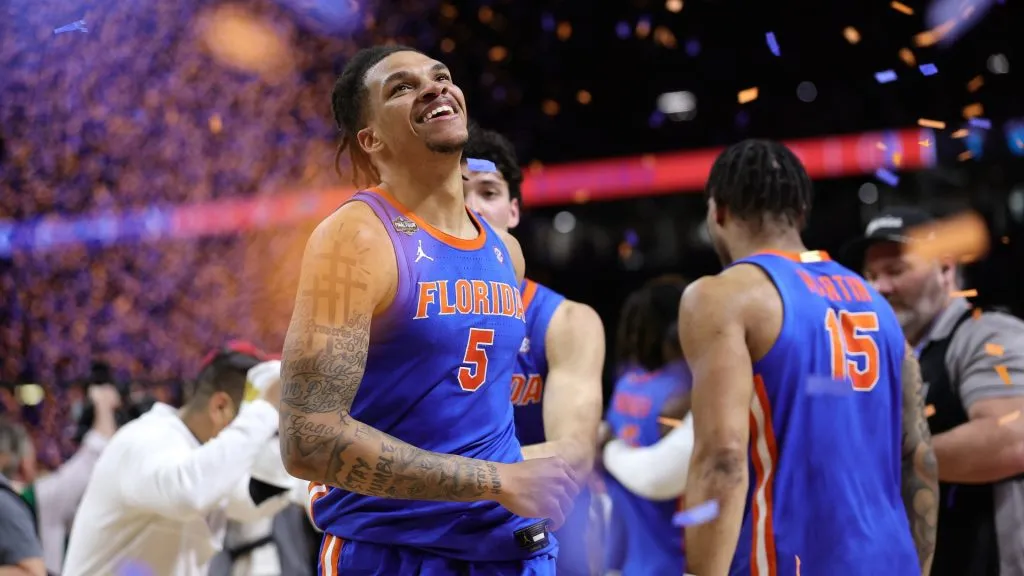 Will Richard #5 of the Florida Gators celebrates after second half in the National Championship of the NCAA Men’s Basketball Tournament against the Houston Cougars on April 07, 2025. (Source: Alex Slitz/Getty Images)