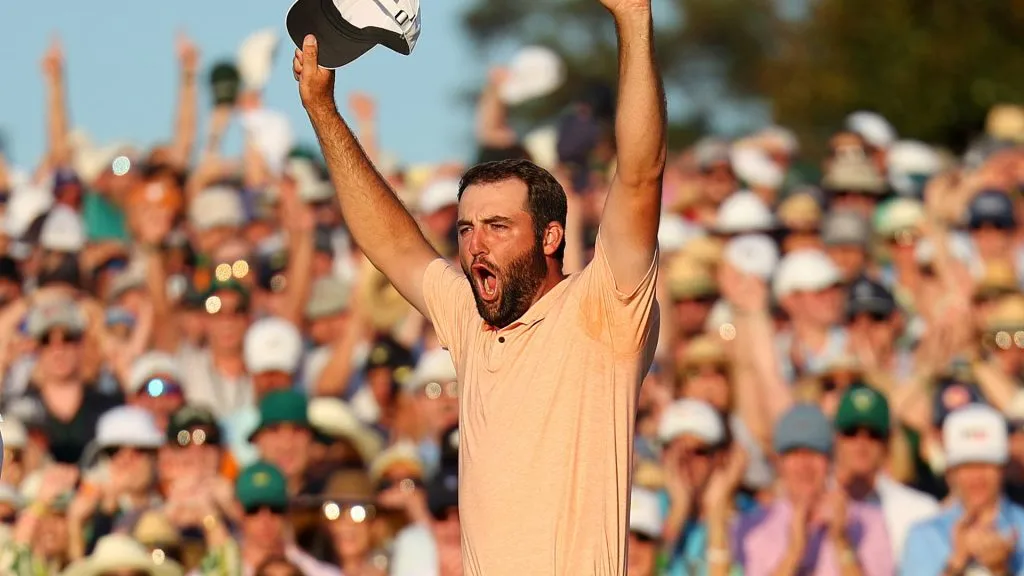 Scottie Scheffler of the United States celebrates on the 18th green after winning the 2024 Masters Tournament at Augusta National Golf Club on April 14, 2024. (Source: Andrew Redington/Getty Images)