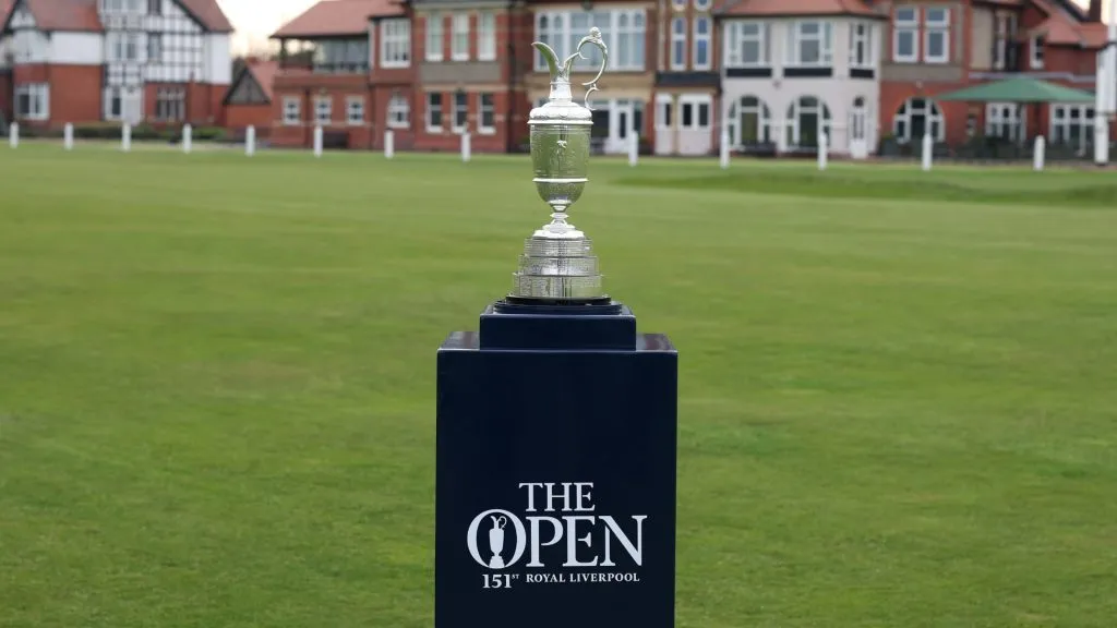 A view of the Claret Jug in front of the clubhouse at Royal Liverpool Golf Club on April 19, 2023. (Source: Richard Heathcote/Getty Images)