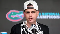 Head Coach Todd Golden of the Florida Gators speaks with the media after defeating the Houston Cougars in the National Championship of the NCAA Men's Basketball Tournament at the Alamodome on April 07, 2025 in San Antonio, Texas.