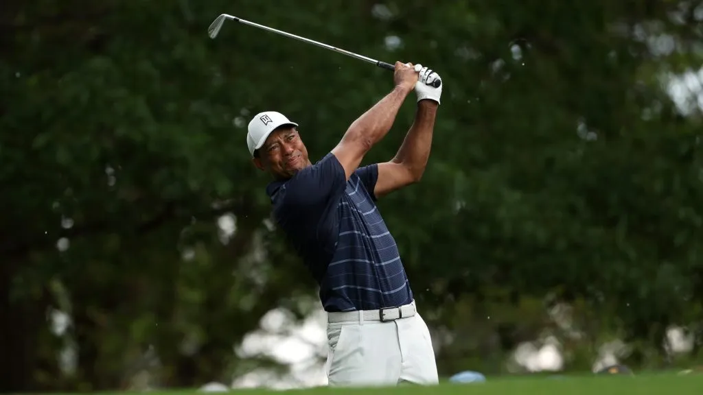 Tiger Woods of the United States plays his shot from the fourth tee during the second round of the 2023 Masters Tournament at Augusta National Golf Club on April 07, 2023. (Source: Patrick Smith/Getty Images)