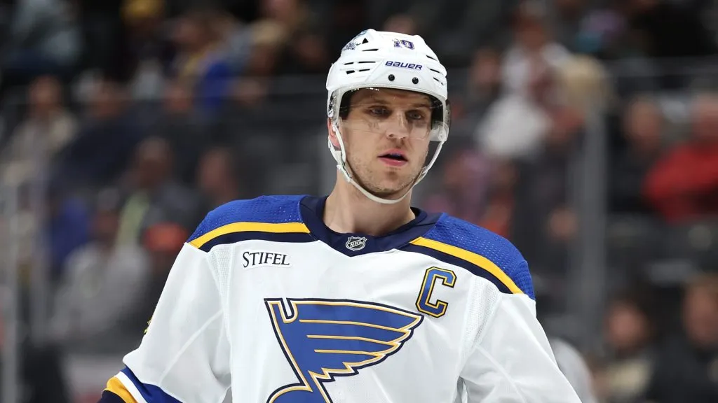 Brayden Schenn #10 of the St. Louis Blues looks on during the first period of a game against the Anaheim Ducks at Honda Center on April 07, 2024 in Anaheim, California.