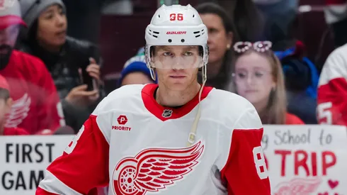 Patrick Kane #88 of the Detroit Red Wings looks on during warmup prior to their NHL game against the Vancouver Canucks at Rogers Arena on February 2, 2025 in Vancouver, Canada.