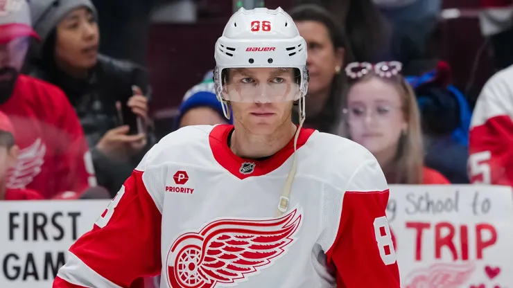 Patrick Kane #88 of the Detroit Red Wings looks on during warmup prior to their NHL game against the Vancouver Canucks at Rogers Arena on February 2, 2025 in Vancouver, Canada.
