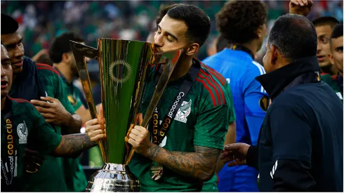 Carlos Rodriguez of Mexico with the Concacaf Gold Cup trophy