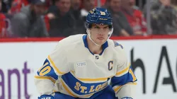 Brayden Schenn #10 of the St. Louis Blues skates against the Washington Capitals in his 1,000th career NHL game at Capital One Arena on February 27, 2025 in Washington, DC.