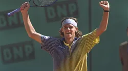 Gustavo Kuerten of Brazil celebrates after victory against Sergi Bruguera of Spain in the French Open at Roland Garros Stadium in Paris, France.