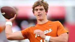 Arch Manning #16 of the Texas Longhorns warms-up prior to a game against the Alabama Crimson Tide at Bryant-Denny Stadium on September 09, 2023 in Tuscaloosa, Alabama.