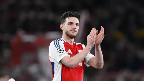 Declan Rice of Arsenal acknowledges the fans after his team's 3-0 victory in the UEFA Champions League 2024/25 Quarter Final First Leg match between Arsenal FC and Real Madrid C.F