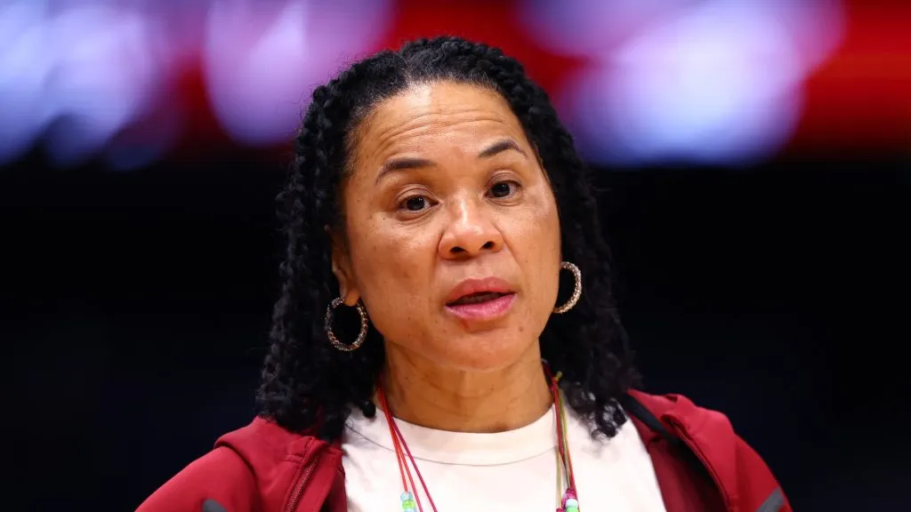Head coach Dawn Staley of the South Carolina Gamecocks looks on during an open practice ahead of the 2025 NCAA Women's Basketball Tournament Final Four at Amalie Arena on April 03, 2025 in Tampa, Florida.