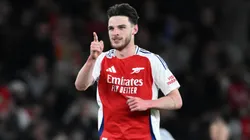 Declan Rice of Arsenal celebrates scoring his team's second goal during the UEFA Champions League 2024/25 Quarter Final First Leg match between Arsenal FC and Real Madrid C.F. at Emirates Stadium on April 08, 2025 in London, England.