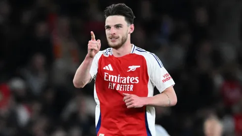 Declan Rice of Arsenal celebrates scoring his team's second goal during the UEFA Champions League 2024/25 Quarter Final First Leg match between Arsenal FC and Real Madrid C.F. at Emirates Stadium on April 08, 2025 in London, England.