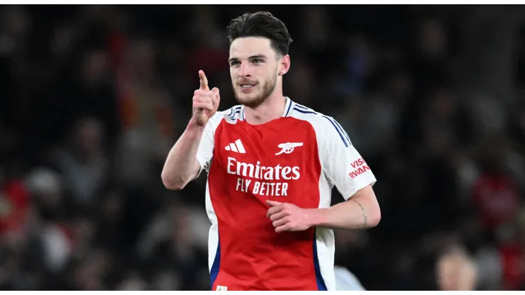 Declan Rice of Arsenal celebrates scoring his team's second goal during the UEFA Champions League 2024/25 Quarter Final First Leg match between Arsenal FC and Real Madrid C.F. at Emirates Stadium on April 08, 2025 in London, England.